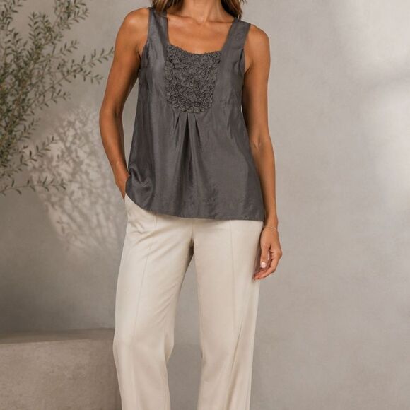 Eileen Fisher Tops - Eileen Fisher Habutai Silk Tunic Top Bark Gray Rosette Petite Small Quiet Luxury